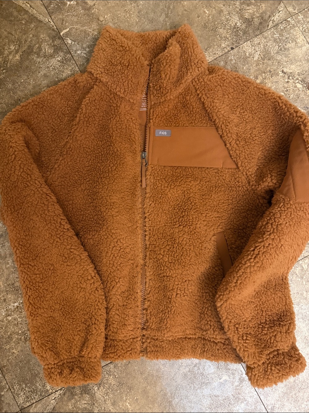 NWOT FIGS Plush Sherpa Zip Jacket in Caramel Brown